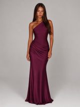 Women's One Shoulder Draped Satin Maxi Dress