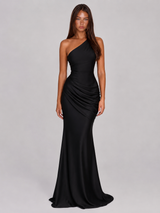 Women's One Shoulder Draped Satin Maxi Dress