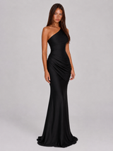 Women's One Shoulder Draped Satin Maxi Dress
