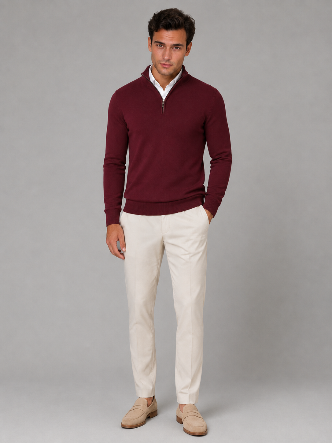 Men's Quarter-Zip Mock Neck Sweater With Contrast Trim