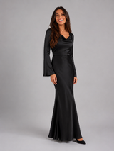 Women's Satin-Feel Long Sleeve Maxi Dress