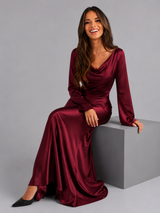 Women's Satin-Feel Long Sleeve Maxi Dress