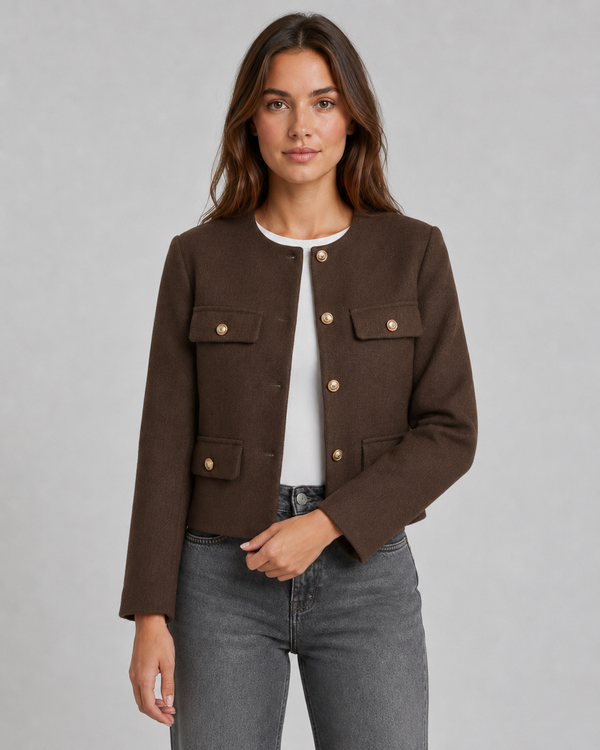 Women's Cropped Collarless Jacket With Gold Buttons