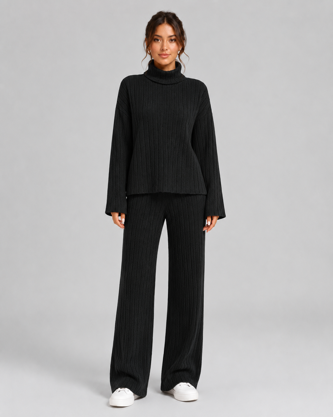 Women's Ribbed Knitted Co-Ord Set With Wide-Leg Trousers